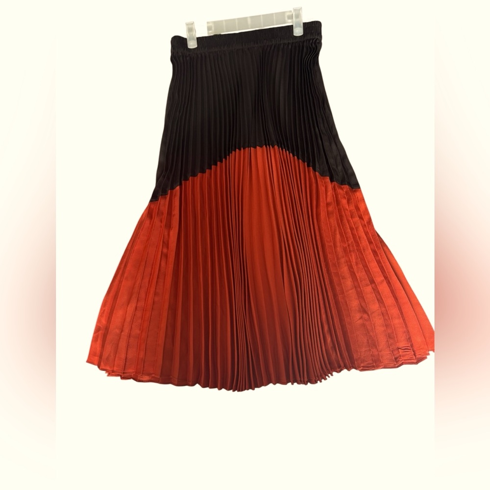 ZARA ORANGE BLACK COLOR-BLOCK PLEATED‎ MIDI SKIRT SIZE XS